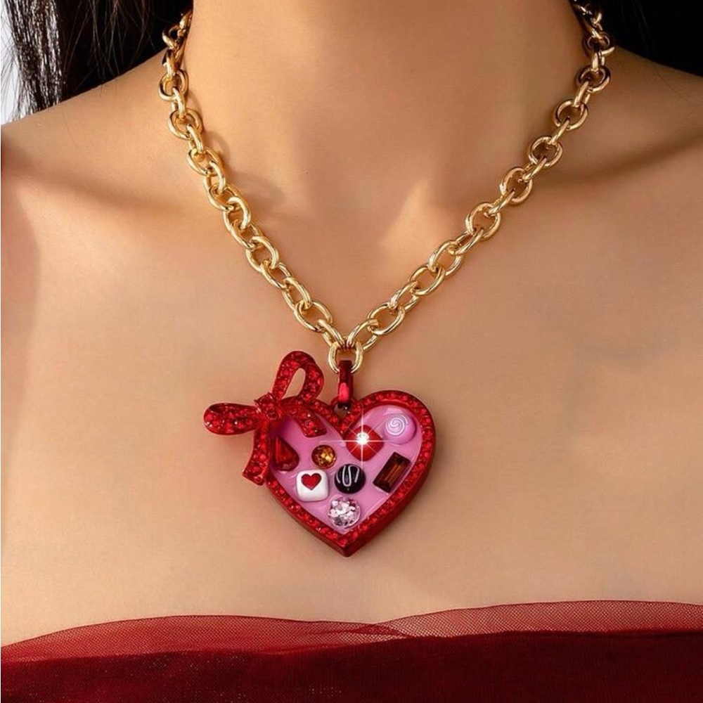 Red Heart Chocolate Box Charm Pendant Necklace Gold Chain Red Bow Rhinestones - Picture 2 of 6